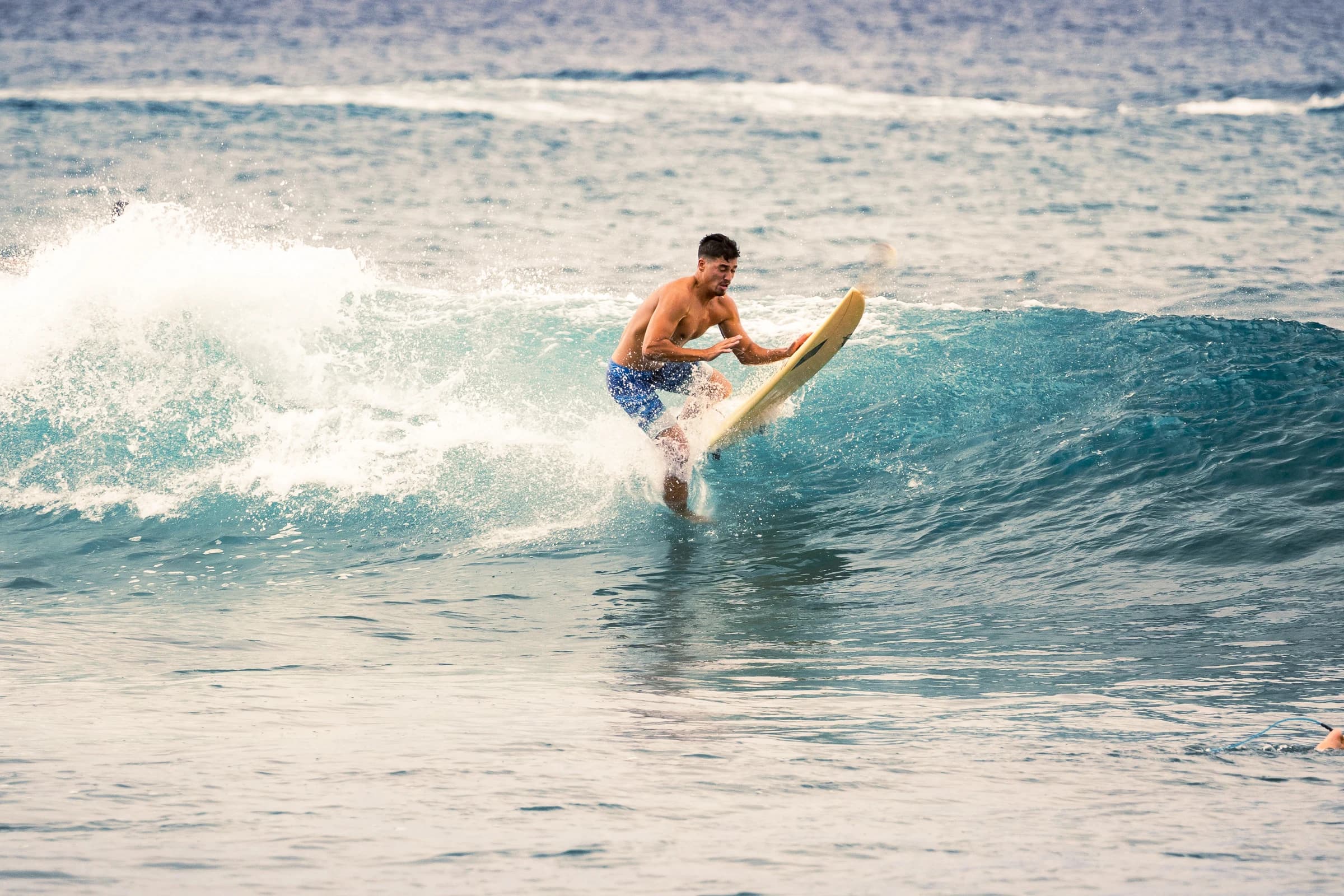 Surfer driving through a breaking wave